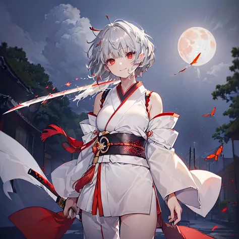 (((((1 person　gray hair、short hair、make your hair glow from within　white and red clothes、shoulder)))))　((((high resolution　japan...