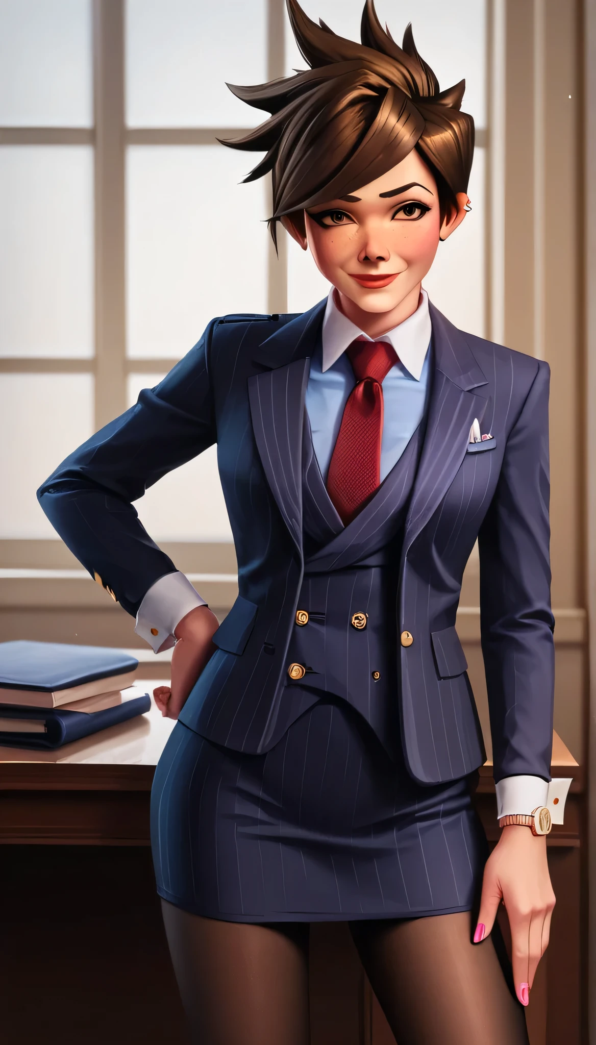 score_9, score_8_up, score_7_up, score_6_up, source_anime,  three-piece suit, tracer, 1girl, solo, brown hair, short hair, freckles, smile, pretty, formal, jewelry, navy pinstripe suit, red silk necktie, earrings, jacket, shirt, standing, hand on hip, window, black eyes, watch, navy pinstripe jacket, wristwatch, light blue shirt with white collar, red lips, navy pinstripe skirt, makeup, black pantyhose, cufflinks, black lapel trim, brown eyes, pink nails,High Resolution, Blush, white cuffs, hand on desk