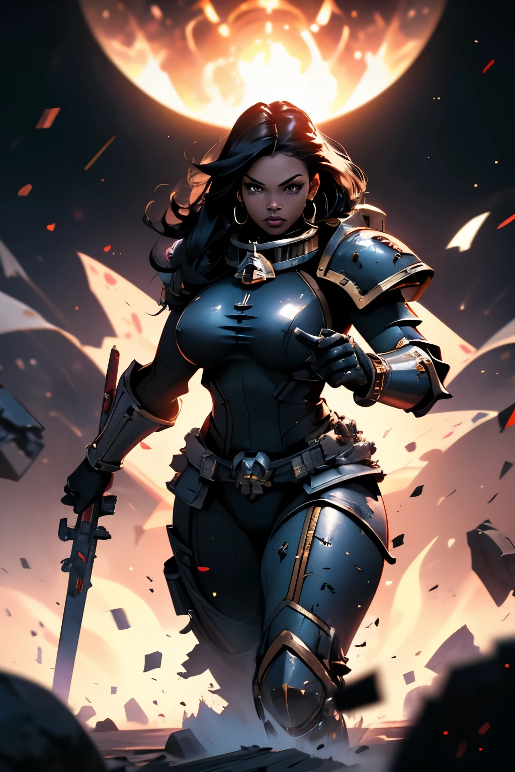 Space Marine woman from Warhammer 40k, (1 space marine girl, Warhammer 40k, space marine armor,), space marine woman walking on a battlefield with grandeur, detailed art, high quality, 8k, hdr, ultra realistic, best quality, cold colors, (black girl, black female, curvy body), ((no clothes))