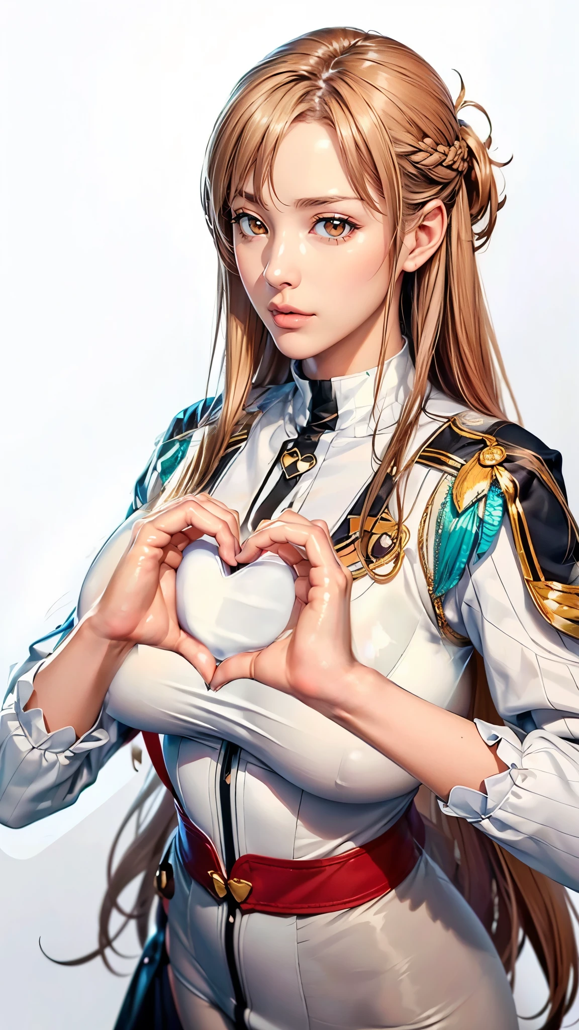 (（（Perfect body,White and tender skin,（（（uniform, jacket, long sleeves,  belt, pantyhose）））,(（（ccasuna, long hair, brown hair, brown eyes, ））),((masterpiece)),highres,((Best quality at best)),masterpiece,quality,Best quality,(（（ Exquisite facial features,Looking at the audience,There is light in the eyes, Huge breasts）））,heart hands,own hands together，）））