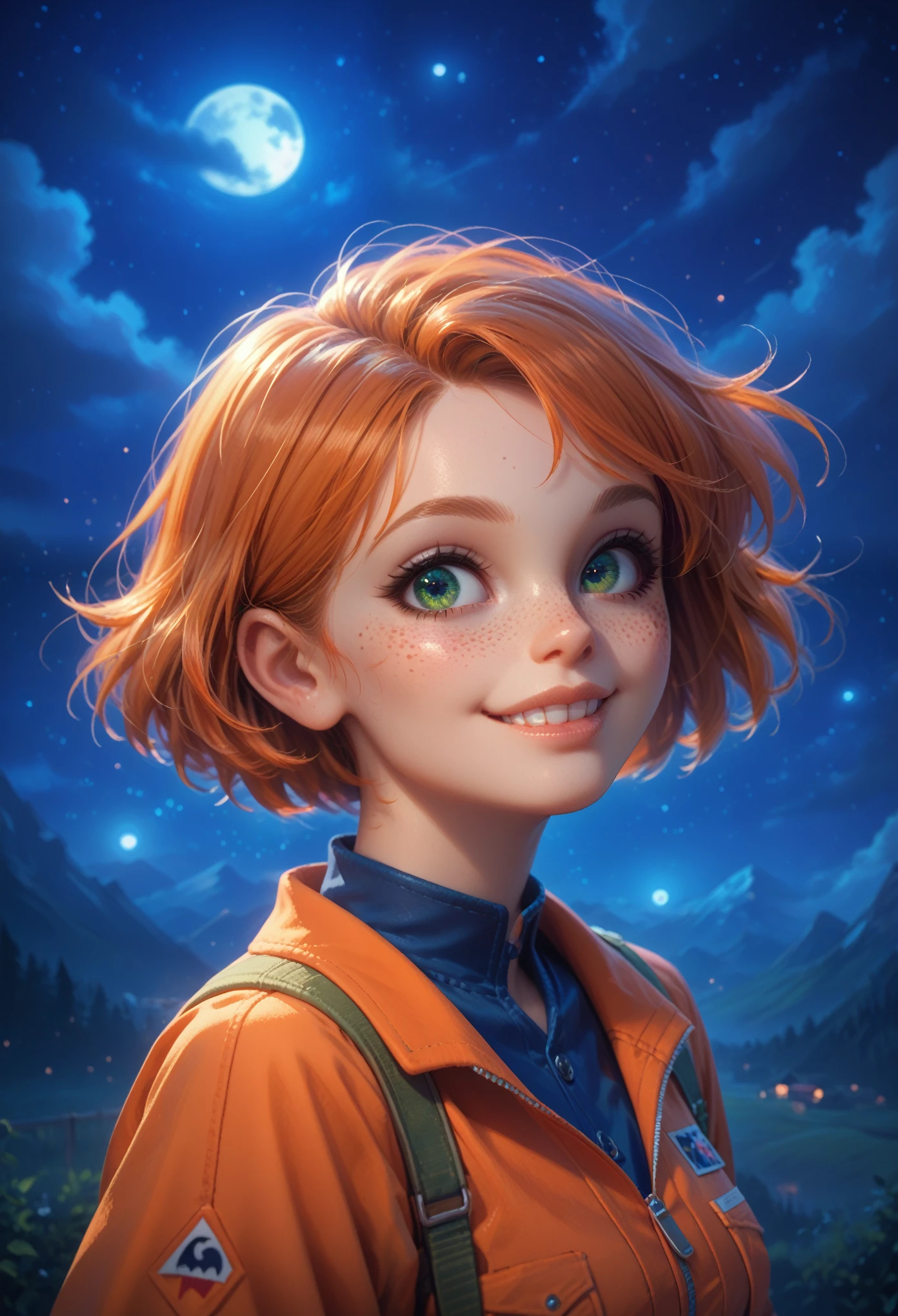 1 girl, sxfrances, Short hair, Orange hair, Green eyes, freckles, smile, red jumpsuit, blue shirt, roll up your sleeve, mountain, moon, (Night:1.5), looks at the viewer 