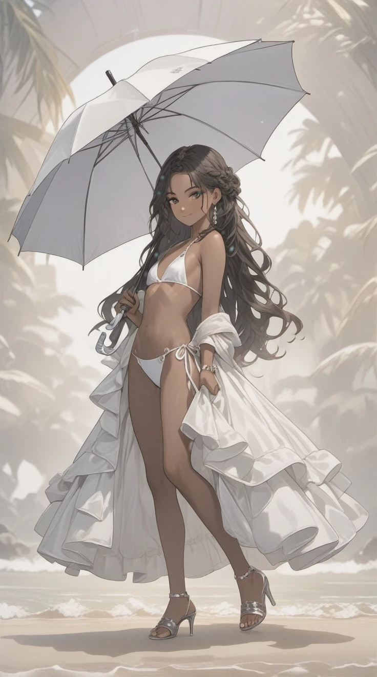 (((Adult transgender woman)): (small white bikini,  small breasts, Brown eyes, showing the whole body, brown skin color, Black long wavy hair, High heel silver sandals, Cute smille. Closed mouth, pink and silver Makeup)); Standing in beach, beach background. High quality. 4k, 8k, many details. Masterpiece, accurate, anatomically correct, posing, detailed background, better quality, original work Focus on details, married ring, holding an umbrella 