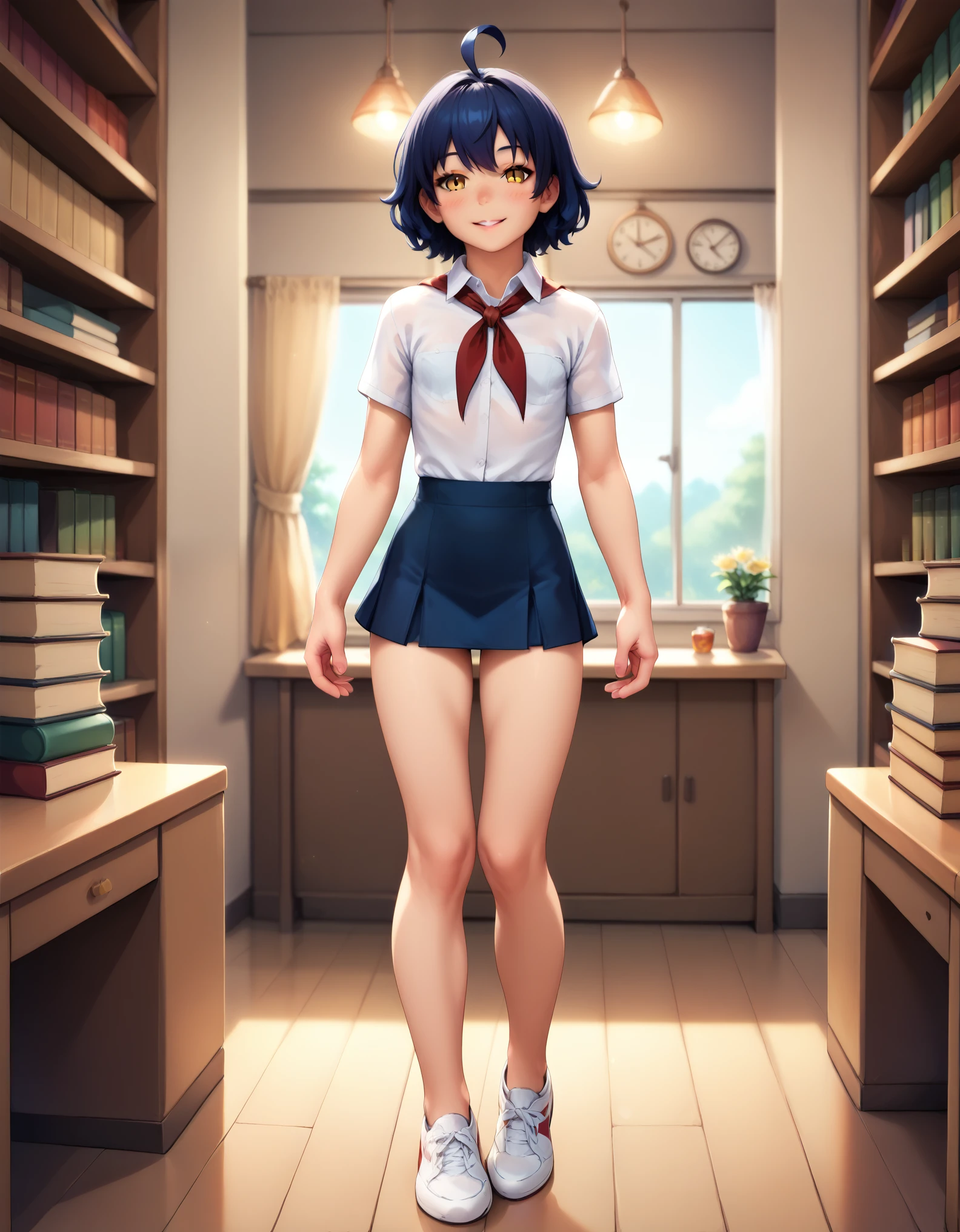 score_9, score_8_up, score_7_up, high-quality image, detailed image, 16k, young girl, zhenya, yellow eyes, dark blue hair, huge ahoge, tight micro skirt, white shirt, (SuperQuality:1.1), summer clothes, smile, (very short disheveled hair:1.1), collared shirt, red neckerchief, full body shot, library