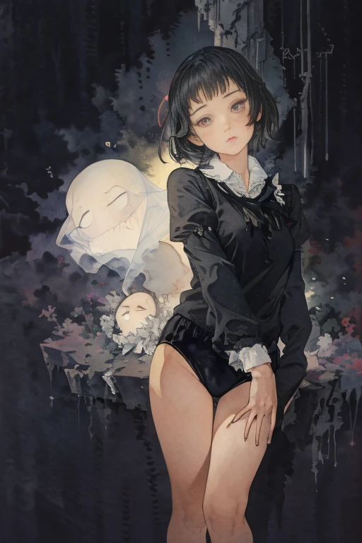 (masterpiece, highest quality),  (The ghost mansion at night), One Girl, young teen, Black gymnastics bloomers, High leg、white blouse, standing in night ghost屋敷, Looking up 、Anxious expression, Emotional, Wide-angle, dark, Best Shadow, watercolor,ghost、devil、Death Strikes、Fate of Death