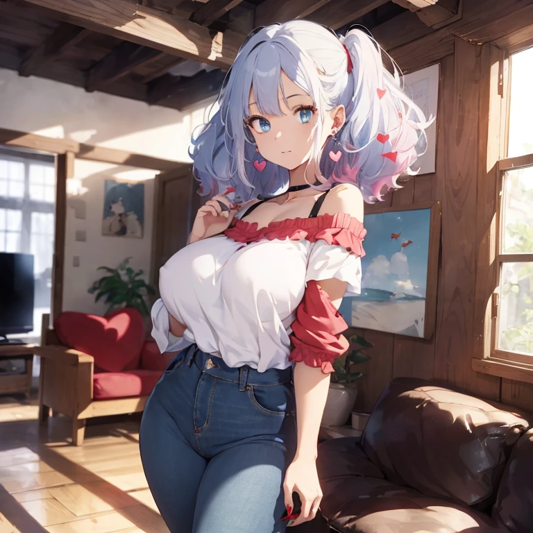 1 female, red off shoulder shirt blue jean, long jean, heart earrings, pink nails, white hair, afro hair, white afro hair, huge breast, thick legs, light blue eyes, white sky, home, living room