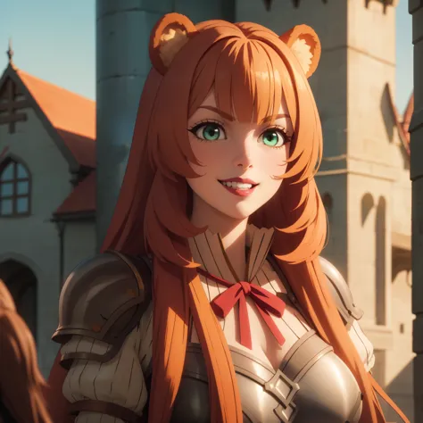 woman rapunzel ,bright orange hair , bear ears, light green eyes, big breasts, evil smile showing teeth, malicious look, evil wo...