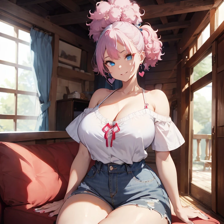 1 female, red off shoulder shirt blue jean, long jean, heart earrings, pink nails, white hair, afro hair, white afro hair, huge breast, thick legs, light blue eyes, white sky, home, living room, happy face, sitting down, thick ass, ass