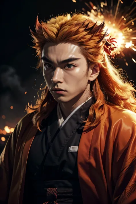 realistic rengoku, fire hashira, 1boy, extremely detailed face and eyes, detailed facial features, orange long hair, intense exp...