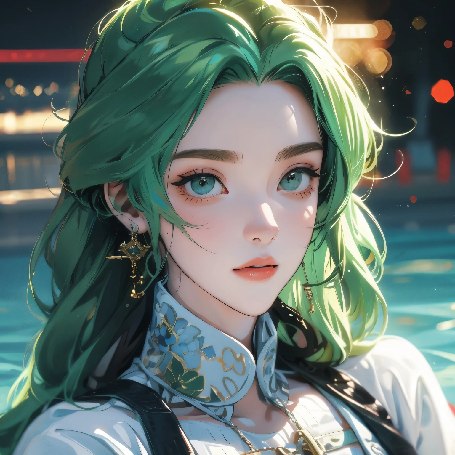 Titanic song , sharp gaze, portrait woman, green hair