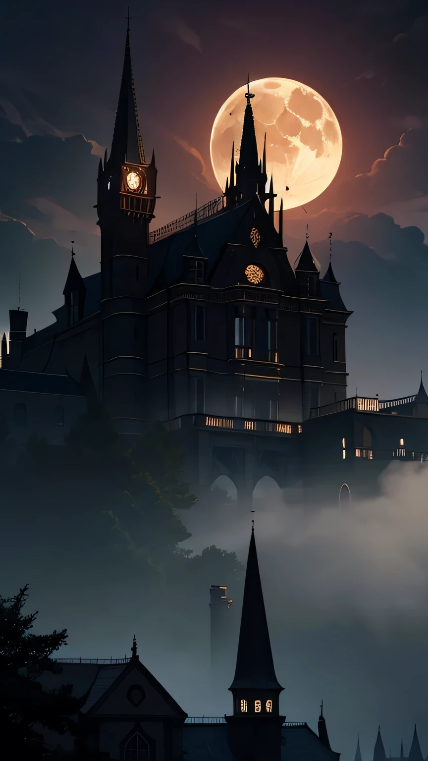 a vampire mansion, view from the balcony with the moon behind, Evening, Light, horror, 1 vampire, detailed fangs, Ojos rojos brillantes, dark gothic architecture, dead trees, full moon, moody atmosphere, spectacular lighting, gothic decoration, spooky fog, Dark Clouds, Deep shadows, disturbing environment (best quality, 4k, 8K, High resolution, Masterpiece: 1.2), ultra detailed, (realistic, fotorrealistic, fotorrealistic: 1.37),from far,very far,bright moon