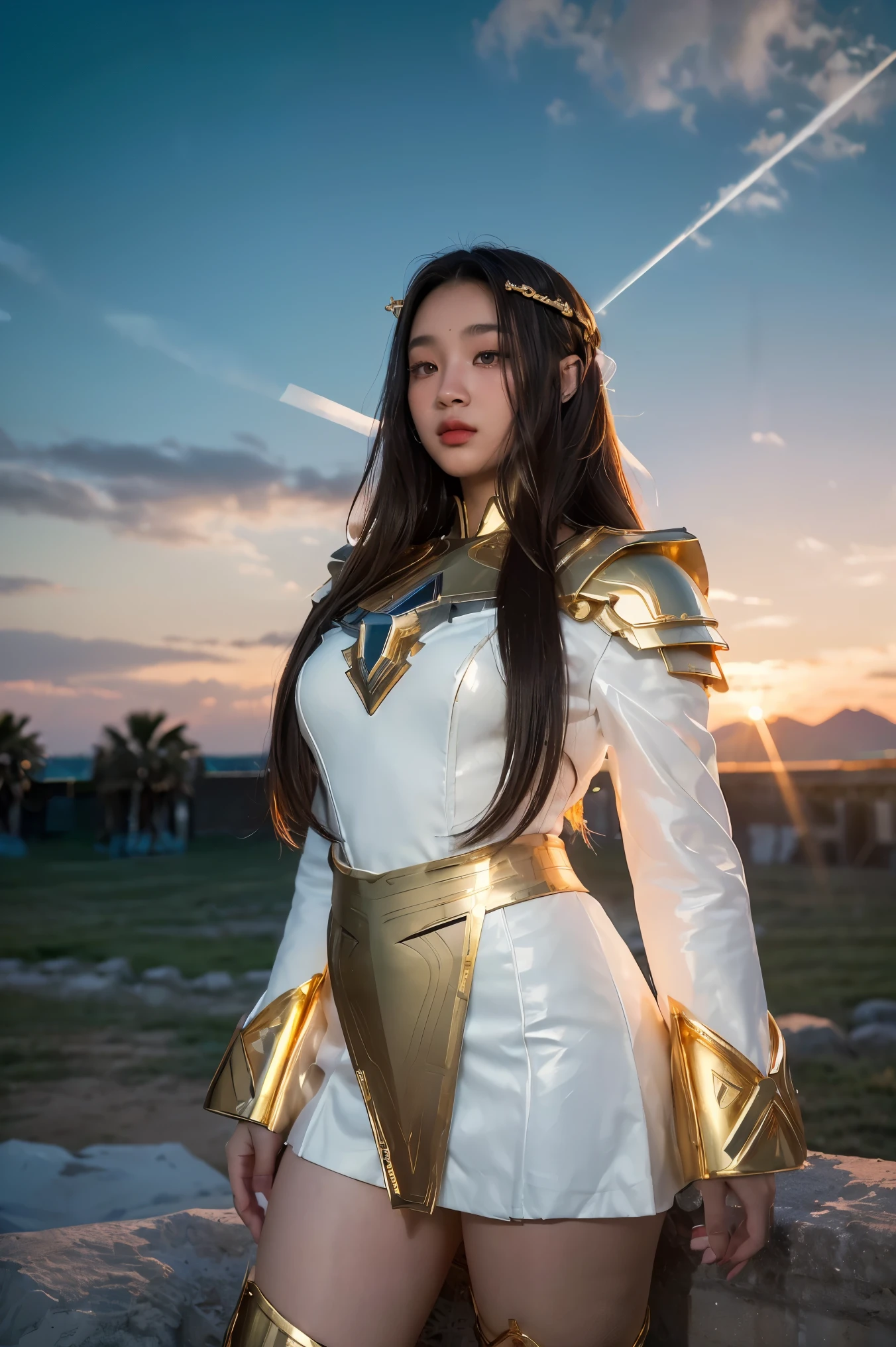 ((masterpiece, best quality, extremely detailed), volumetric lighting, ambient occlusion, colorful, glowing), 1girl, solo, young girl, (dark hair), long hair, halo, aura, sacred, goddess, cleric suit, (white outfit with gold detailst:1.3), armor, outdoors, sunset, sky, clouds, space, (fantasy theme:1.2), full body armor