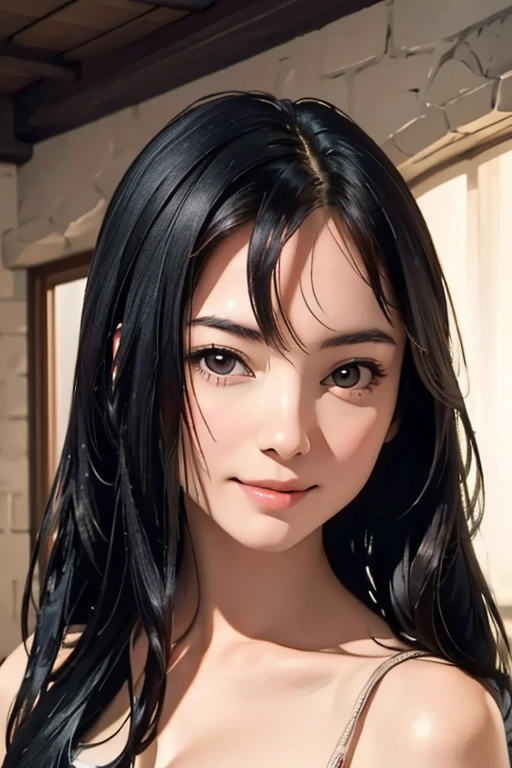 Best Quality　High resolution　Simple　In the dark castle:2.0　暗い石でできたDungeonsのような廊下　Flashlight　Long Bangs　Adult female　Beautiful girl in iron armor　Casual expression　cute　smile　Beautiful Eyes　One Woman　Long side hair　Very black hair　Shiny long hair　Straight Hair　cute目　Dungeons　（（From head to toe:1.8））