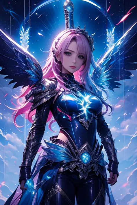 ,best quality,masterpiece,highly detailed cg,big business ,flashy hair color,large breasts,female swordsman,big shiny wings,