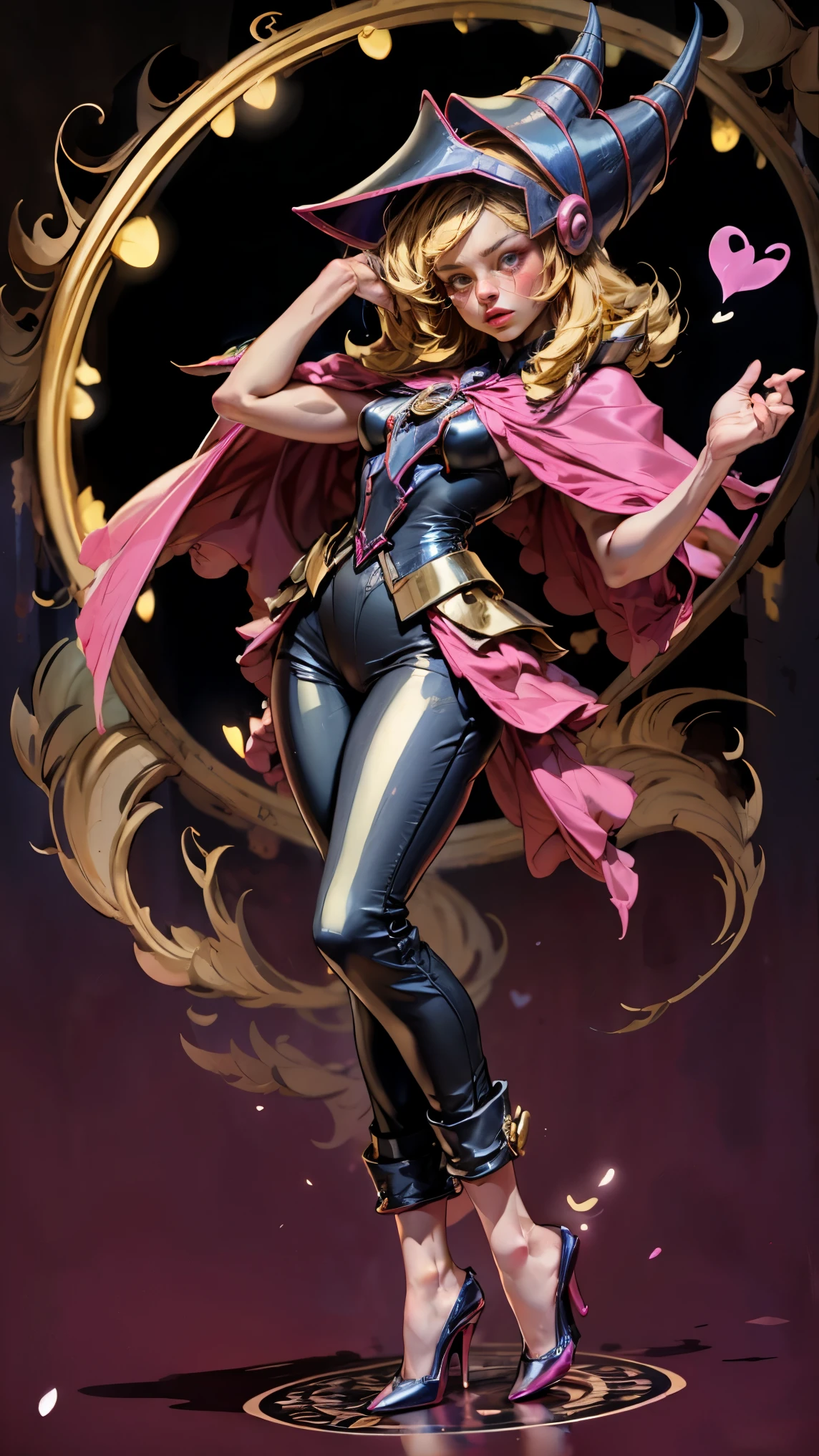 dark magician gils, with high-heels. Pants,  sexy, Subjective and sensual pose. magic background. Magical heart in the air. magic circle 