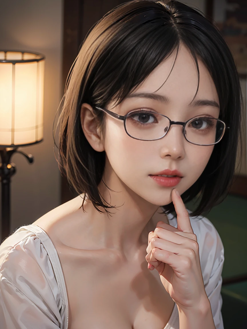 8k,Best Quality,(masterpiece:1.2),(Realistic),(Realistic:1.37),Ultra-high resolution,1. Japanese women, Married Woman、Droopy eyes,Beautiful teeth alignment,Wear rimless glasses、Black short bob hair、 Looking down from above,Well-formed fingers,(((She&#39;s wearing a hooters uniform.))),Very large breasts、Big Breasts,Perfect body,Perfect Fingers,Beautiful Skin,Professional Lighting,gravure,Detailed face and skin texture,fine grain,RAW Photos