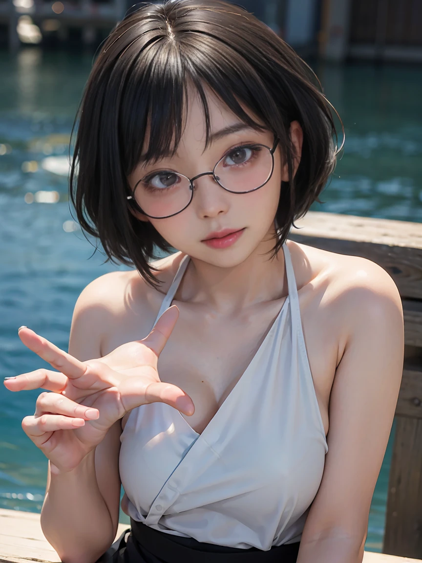 8k,Best Quality,(masterpiece:1.2),(Realistic),(Realistic:1.37),Ultra-high resolution,1. Japanese women, Married Woman、Droopy eyes,Beautiful teeth alignment,Wear rimless glasses、Black short bob hair、 Looking down from above,Well-formed fingers,(((She&#39;s wearing a hooters uniform.))),Very large breasts、Big Breasts,Perfect body,Perfect Fingers,Beautiful Skin,Professional Lighting,gravure,Detailed face and skin texture,fine grain,RAW Photos