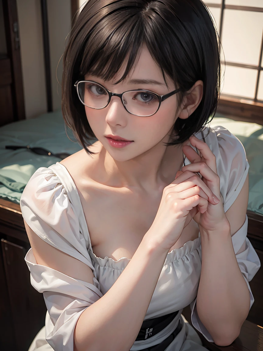 8k,Best Quality,(masterpiece:1.2),(Realistic),(Realistic:1.37),Ultra-high resolution,1. Japanese women, Married Woman、Droopy eyes,Beautiful teeth alignment,Wear rimless glasses、Black short bob hair、 Looking down from above,Well-formed fingers,(((She&#39;s wearing a hooters uniform.))),Very large breasts、Big Breasts,Perfect body,Perfect Fingers,Beautiful Skin,Professional Lighting,gravure,Detailed face and skin texture,fine grain,RAW Photos