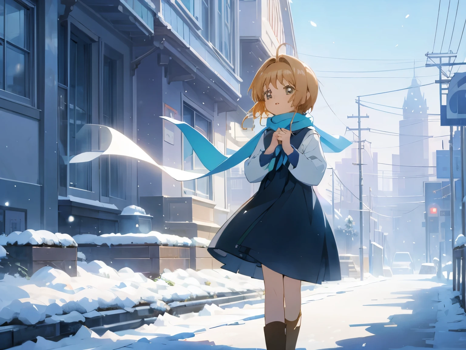 (best quality,Super precise depiction,one girl,perfect anime illustration),girl walking on the street,blue sky,winter city,anime style,azure color,soft sunlight,strong shadows,detailed background,flowing hair,scarf,happy expression,clean lines,crisp details,high resolution,impeccable shading,realistic lighting effect,sparkling snowflakes,frosty breath,icy sidewalks,cozy atmosphere, sakurakinomoto, ((hiperdetalhado))