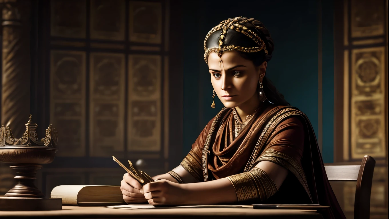 Paint a portrait of Zenobia in her private chambers, surrounded by maps and scrolls as she studies the strategies of her Roman adversaries, her expression a mix of determination and steely resolve as she plots her next move in the ongoing struggle for power and dominance