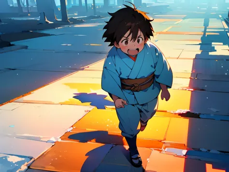 (best quality,super precise depiction,one boy,fat,perfect anime illustration),boy walking on the street,shinobi, kimono,blue sky...