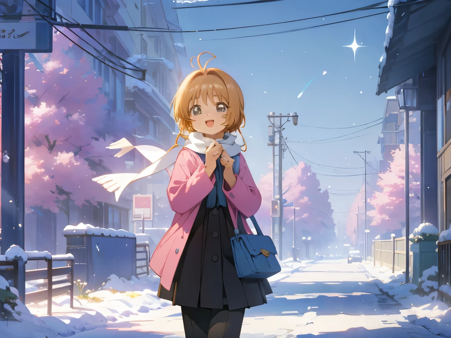 (best quality,Super precise depiction,one girl,perfect anime illustration),girl walking on the street,blue sky,winter city,anime style,pink  color,soft sunlight,strong shadows,detailed background,flowing hair,scarf,laughing expression,clean lines,crisp details,high resolution,impeccable shading,realistic lighting effect,sparkling snowflakes,frosty breath,icy sidewalks,cozy atmosphere, sakurakinomoto,hiperdetalhado,perfectface,perfeceteyes