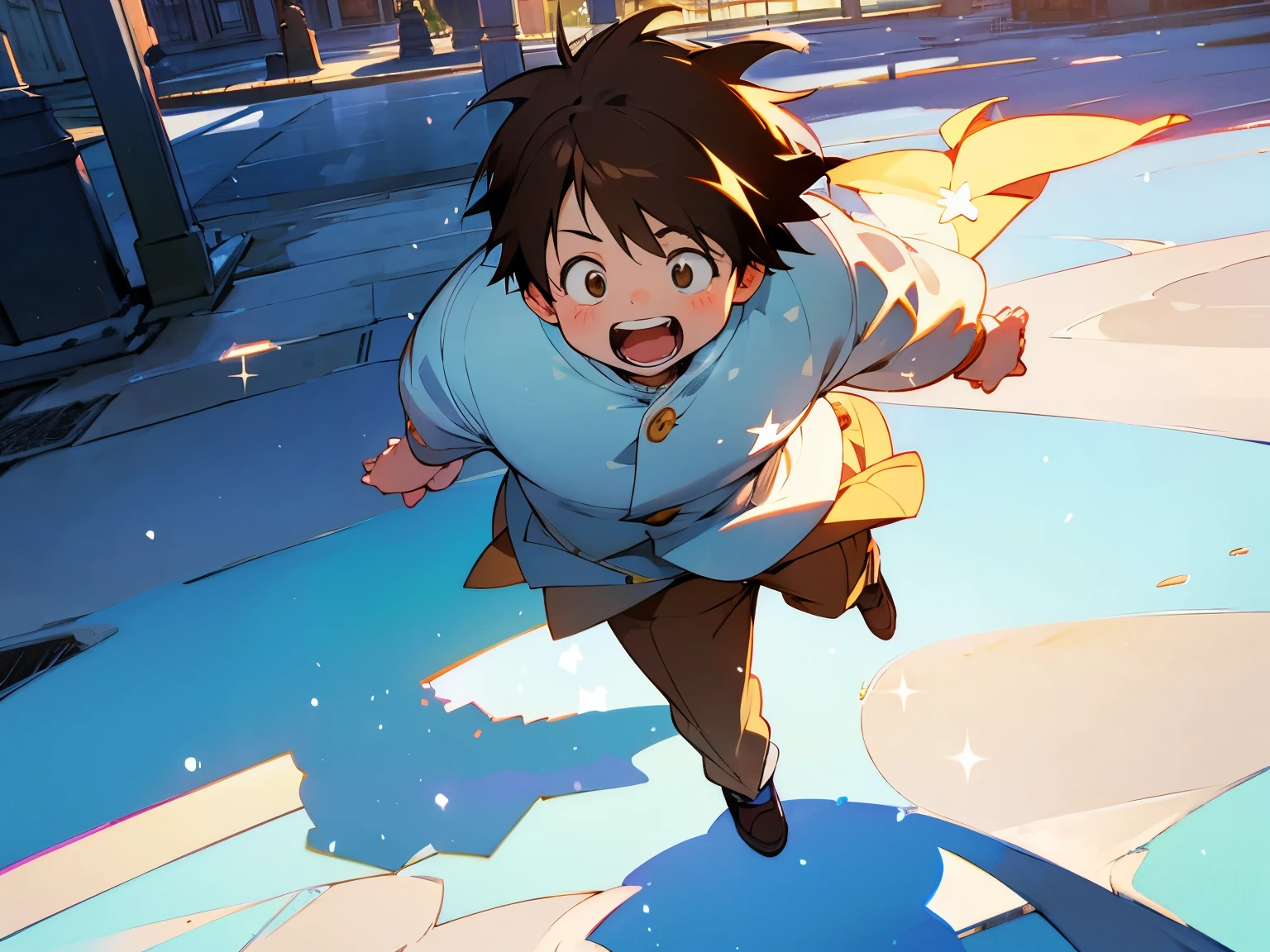 (best quality,Super precise depiction,one boy,fat,perfect anime illustration),boy walking on the street,blue sky,winter city,anime style,brown color,soft sunlight,strong shadows,detailed background,flowing brown hair,laughing expression,clean lines,crisp details,high resolution,impeccable shading,realistic lighting effect,sparkling snowflakes,frosty breath,icy sidewalks,cozy atmosphere, haruyukiarita, ((hiperdetalhado))