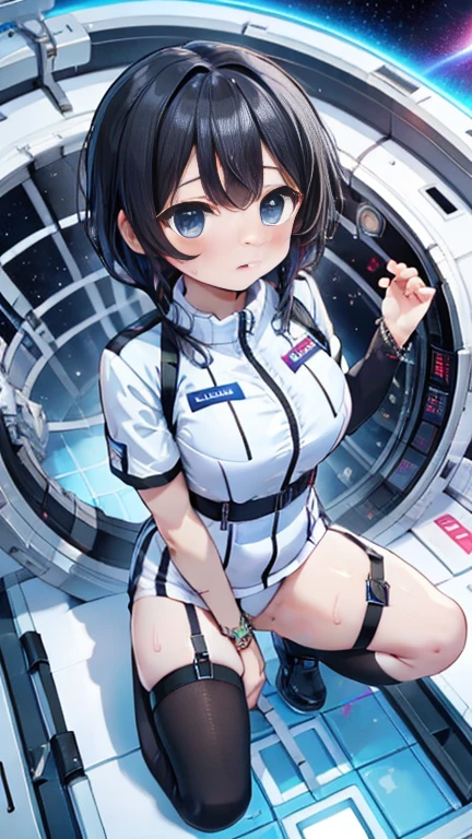 (Best Quality), (masterpiece), 1080P, High resolution, 4K, 8k, Inside the space station、Futuristic room、Thigh straps, Shooting from directly below, The woman on top of me, 白いsweat, Covered , sweat, Woman looking down, Skirt swimsuit, Thigh-high socks, To achieve this, , , whole body, Black leather shoes, Braided Hair, Inner Color, Embarrassed face, Short black hair, bracelet, bedroom,astrovest
