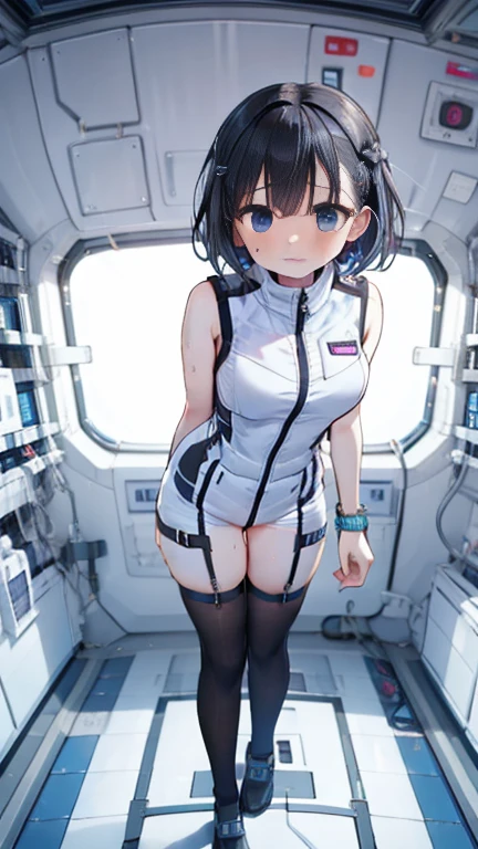 (Best Quality), (masterpiece), 1080P, High resolution, 4K, 8k, Inside the space station、Futuristic room、Thigh straps, Shooting from directly below, The woman on top of me, 白いsweat, Covered , sweat, Woman looking down, Skirt swimsuit, Thigh-high socks, To achieve this, , , whole body, Black leather shoes, Braided Hair, Inner Color, Embarrassed face, Short black hair, bracelet, bedroom,astrovest
