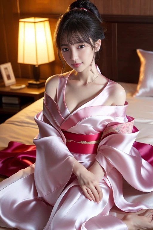 Best Quality、Face Focus、Soft Light、(Depth of Note Realm)、超High resolution、(Real:1.4)、RAW Photos、(Since before)1 Japanese girl、One person、cute、(Brown eyes)、Beautiful face in every detail、((Off-the-shoulder kimono)),(Hair tied up)、(Silk kimono:1.4)、((Cleavage))、Embarrassing、((bedroom、night、Dim lighting))、Please lower your eyes、I&#39;m sleeping on a futon、((night伽))、Pink Cheeks、Japanese vintage Japanese style room background, , With bangs, masterpiece adorable, Beautiful eyes, Dramatic vintage lighting, High resolution