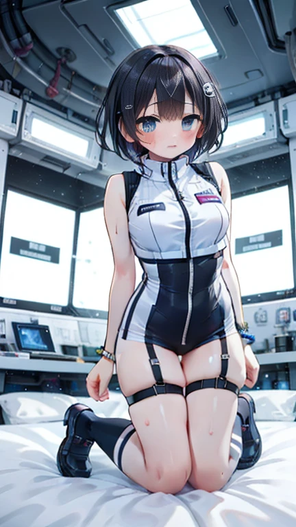 (Best Quality), (masterpiece), 1080P, High resolution, 4K, 8k, Inside the space station、Futuristic room、Thigh straps, Shooting from directly below, The woman on top of me, 白いsweat, Covered , sweat, Woman looking down, Skirt swimsuit, Thigh-high socks, To achieve this, , , whole body, Black leather shoes, Braided Hair, Inner Color, Embarrassed face, Short black hair, bracelet, bedroom,astrovest
