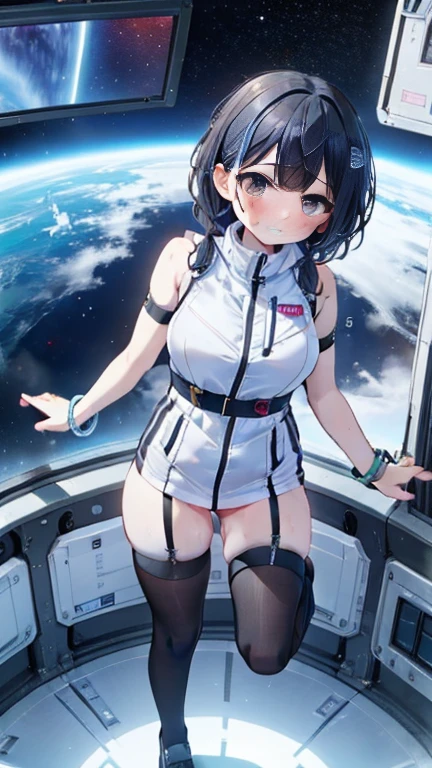 (Best Quality), (masterpiece), 1080P, High resolution, 4K, 8k, Inside the space station、Futuristic room、Thigh straps, Shooting from directly below, The woman on top of me, 白いsweat, Covered , sweat, Woman looking down, Skirt swimsuit, Thigh-high socks, To achieve this, , , whole body, Black leather shoes, Braided Hair, Inner Color, Embarrassed face, Short black hair, bracelet, bedroom,astrovest
