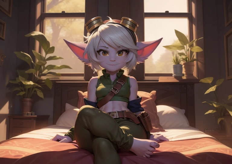 [Tristan], [LOL], ((Masterpiece)), ((HD)), ((high resolution)), ((beautiful render art)), ((Einzelportrait)), ((Full body)), ((Front view)), ((Feet visible)), ((detailed shading)), {(attractive), (short), Yordle, (purple skin), (elf ears), (short white hair), (sweet brown eyes), (Detailed Iris), (short eyelashes), (Curvy hips), (detailed abdominal muscles), (thick thighs), (detailed legs), (beautiful legs), (beautiful feet), (smug grin), (excited facial expression)}, {(green sleeveless shirt), (navel), (tight green pants), (brown belt), (Werkzeuggürtel), (brown cuffs), (fingerless gloves), (Toeless socks), (goggles on head)}, {(lying on the bed), (crossed legs), (crooked toes), (looking at viewer)}, [background; (bedroom), (Window), (Forest), (blue sky), (sunbeams), (Ambient lighting)]