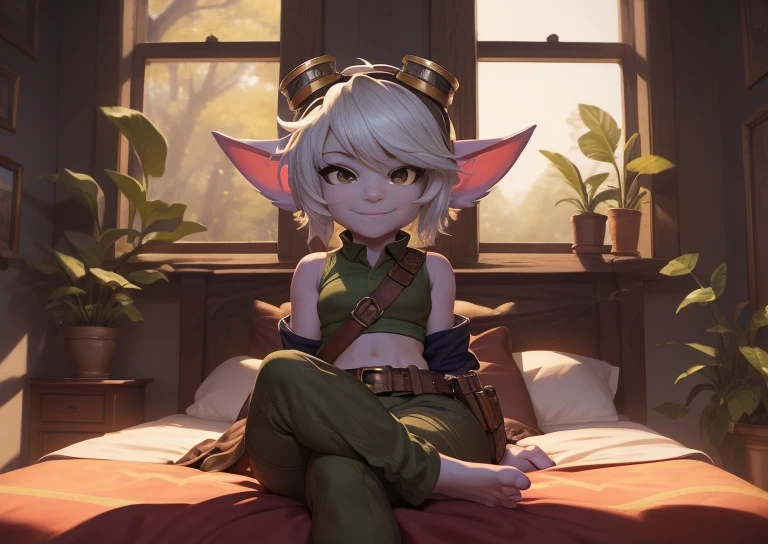 [Tristan], [LOL], ((Masterpiece)), ((HD)), ((high resolution)), ((beautiful render art)), ((Einzelportrait)), ((Full body)), ((Front view)), ((Feet visible)), ((detailed shading)), {(attractive), (short), Yordle, (purple skin), (elf ears), (short white hair), (sweet brown eyes), (Detailed Iris), (short eyelashes), (Curvy hips), (detailed abdominal muscles), (thick thighs), (detailed legs), (beautiful legs), (beautiful feet), (smug grin), (excited facial expression)}, {(green sleeveless shirt), (navel), (tight green pants), (brown belt), (Werkzeuggürtel), (brown cuffs), (fingerless gloves), (Toeless socks), (goggles on head)}, {(lying on the bed), (crossed legs), (crooked toes), (looking at viewer)}, [background; (bedroom), (Window), (Forest), (blue sky), (sunbeams), (Ambient lighting)]