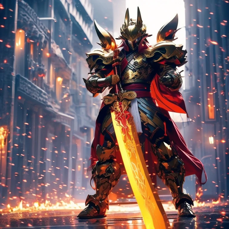 A fire samurai rabbit warrior, wearing a golden armor, with a red cloak, never showing the face, with two katanas