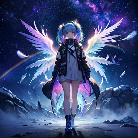 ((archangel　fantasy　rainbow hair　dye the inside of your hair rainbow colors　twin tails　dull blue eyes))　((has a galaxy　uniform　p...