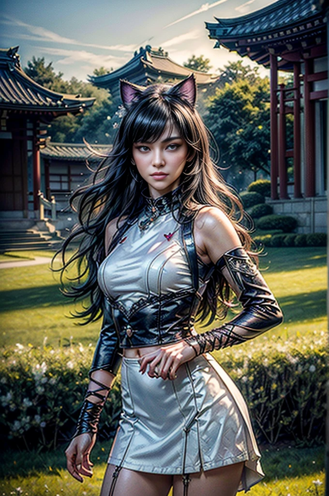 (masterpiece, best quality:1.2), cowboy shot, blake belladonna, cat ears, wearing white shirt, detached sleeve, mini skirt, standing in beautiful field, apple blossoms, japanese pagoda, (masterpiece,stunning girlfriend, heart shaped face, legant face, beautiful face, highly detailed face, highly detailed skin, skin pores, subsurface scattering, realistic pupils, looking at viewer, full lips, detailed background, depth of field, atmospheric perspective, volumetric lighting, sharp focus, absurdres, realistic proportions, good anatomy, (realistic, hyperrealistic:1.4), 16k hdr,