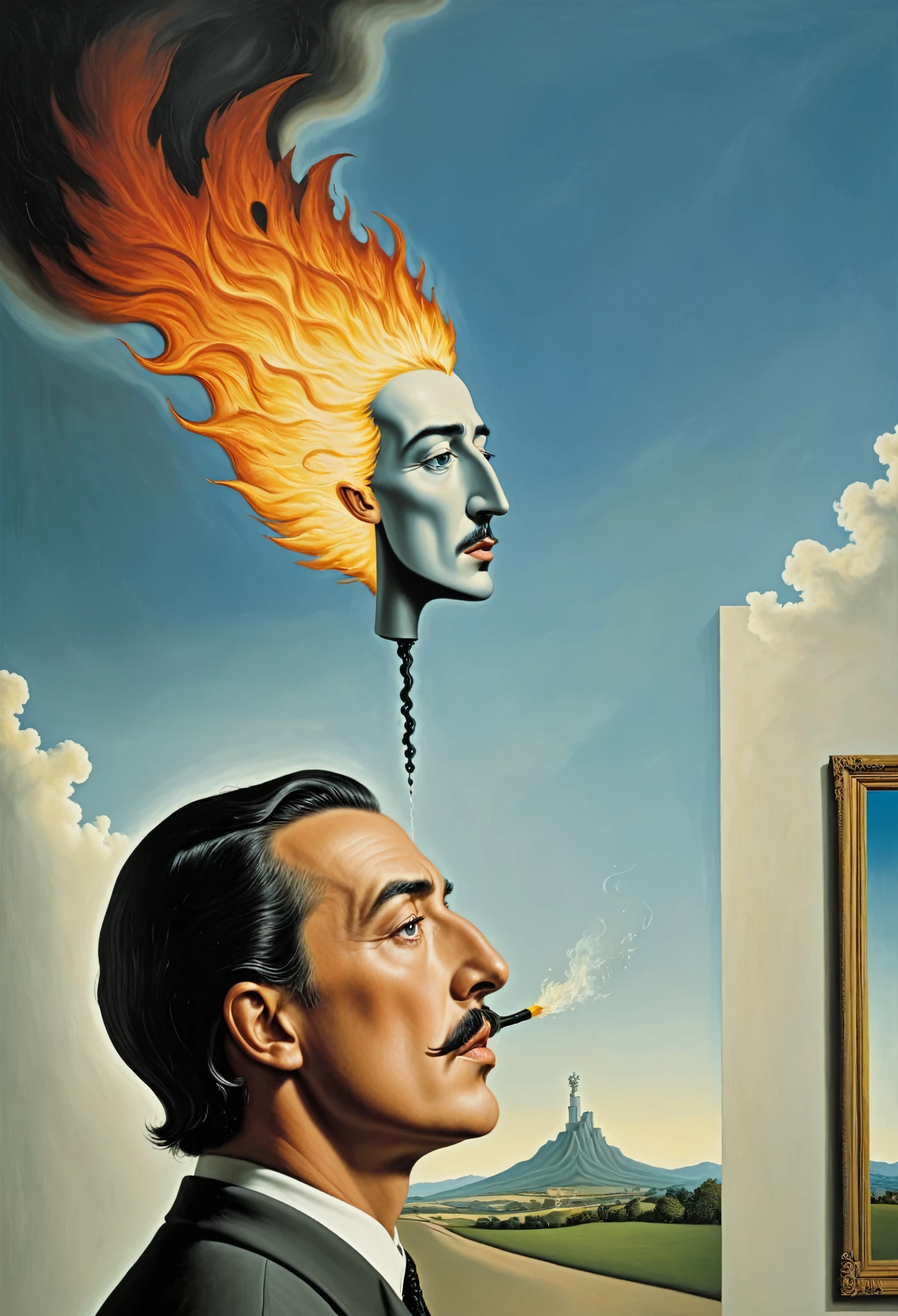 man wwith head cathing fire side view - - surrealist style, surrealist artwrok, dream like, Salvador Dali style, Rene Magritte style, highly detailed, masterpiece, painting-like, HD