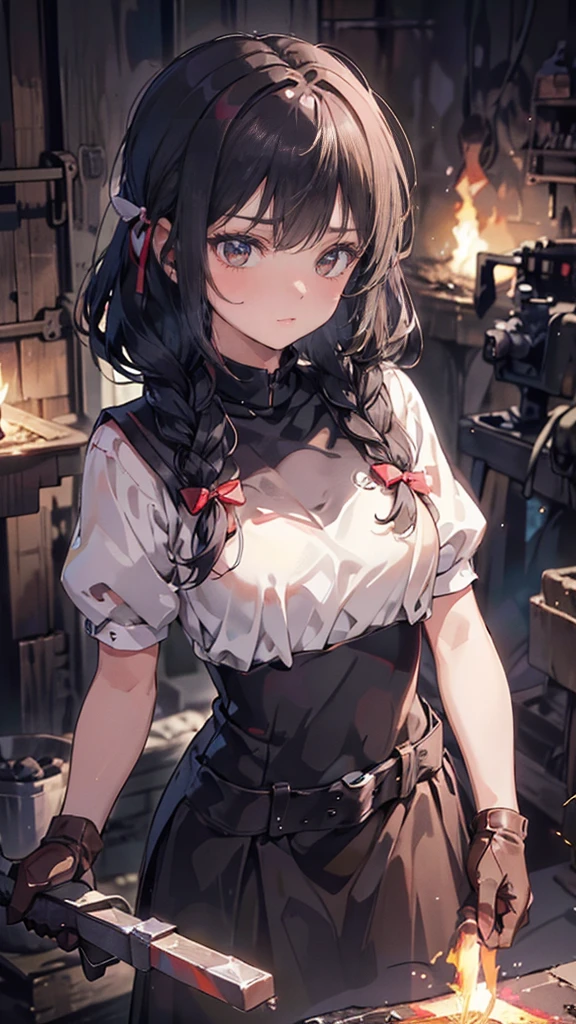 (Blacksmith schoolgirls, teenage girls, Soft lips, Glowing Skin, Braided Hair, Soft Skin:1.25, Hair Ribbon, Concentrated expression,Long, oversized leather gloves that cover the arms:1.25,holding a hammer in hand,Staring at the sword,she:1.25),(8k, Best Quality, masterpiece:1.2, masterpieceHighly detailed, Very detailed), Vibrant colors, Line art,Flames Dancing