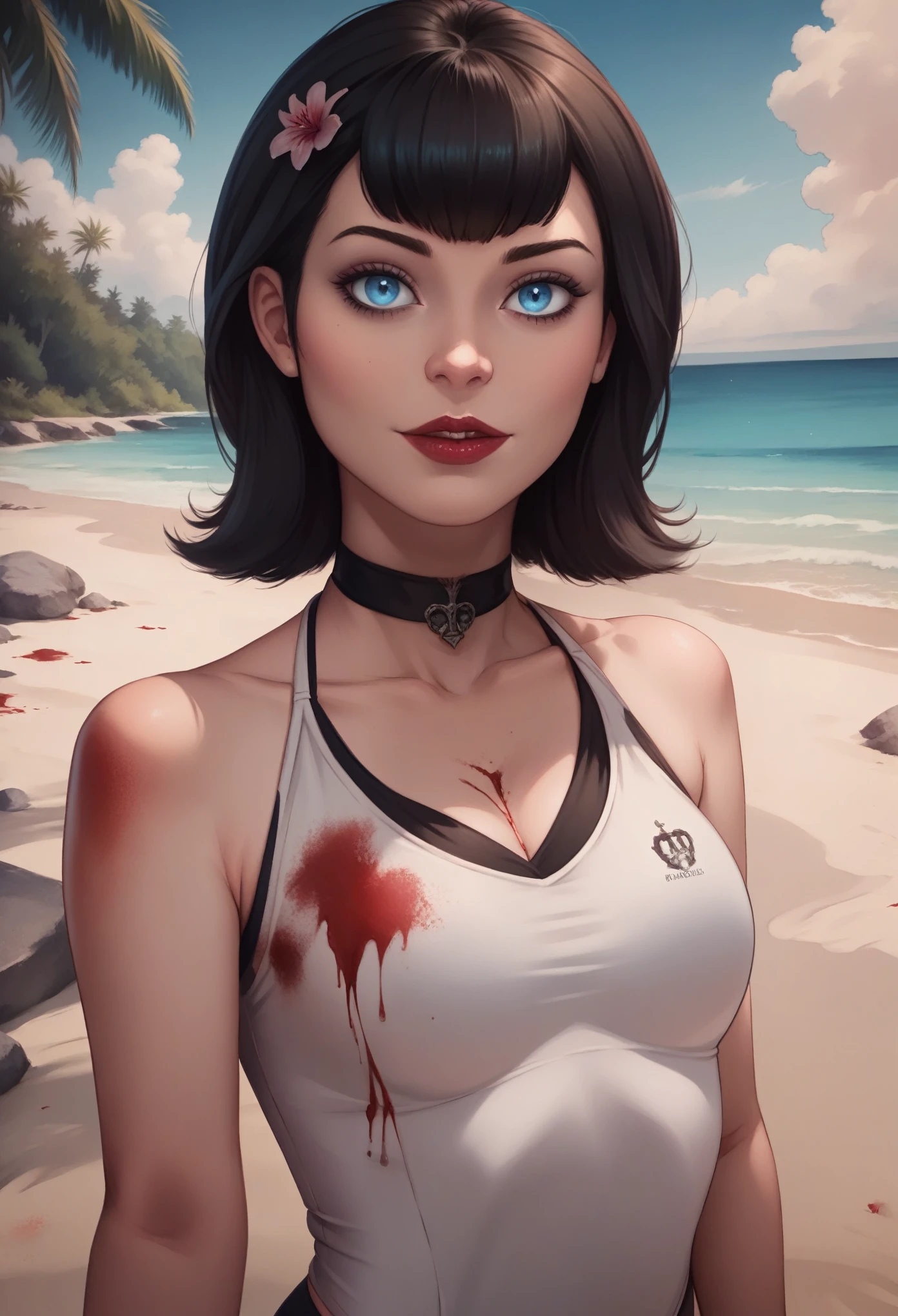 Mavis Dracula. solo. Blue eyes. black hair. choker. swimsuit. grave. blood. beach (best quality, photorealistic, 1girl, solo, looking at viewer, , depth of field, (watercolor illustration, soft pastel colors:1.1), realistic,)