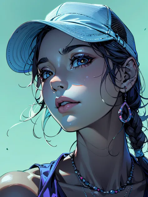 close up illustration portrait of a woman wearing a baseball hat, wearing a tank top with a stunning necklace, looking up and to...