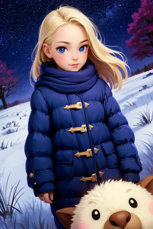 Very small young girl，Baby Face，Hilly night sky. winter, winter colors, winter landscape, Starry Sky, Sky color Prussian blue Cobalt blue Purple Cyan. planet, Bright Star, Shooting Star, Tree tops moving in the wind, thre beautiful blonde girl in winter clothes observes the starry sky with a dreamy look.