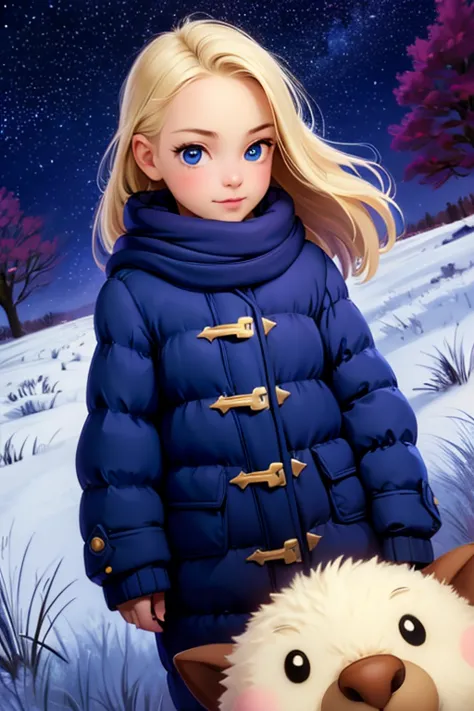 very small young girl，baby face，hilly night sky. winter, winter colors, winter landscape, starry sky, sky color prussian blue co...