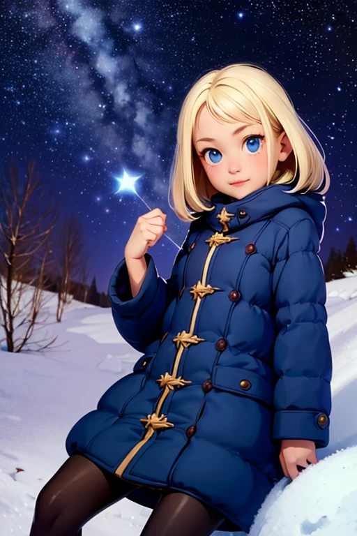 Very small young girl，Baby Face，Hilly night sky. winter, winter colors, winter landscape, Starry Sky, Sky color Prussian blue Cobalt blue Purple Cyan. planet, Bright Star, Shooting Star, Tree tops moving in the wind, thre beautiful blonde girl in winter clothes observes the starry sky with a dreamy look.