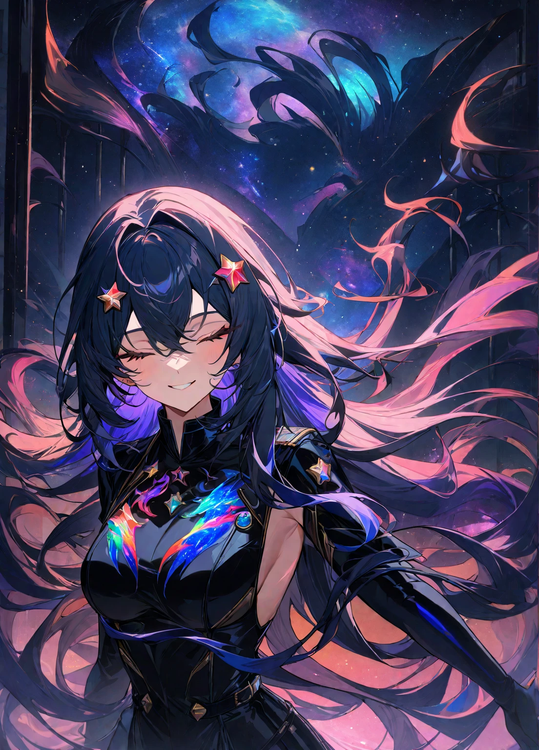 1girl,long flowing hair,closed eyes,belt,button,badges,hair between eyes,wind,bright smile,hand reaching,star hair pin, cosmic dream hair color, star(sky) starry_sky,sexy military outfit,glove,gates,shininy,visionary art style,(masterpieces),(best quality),(newest),(Very aesthetic),gloss,Splashmotion