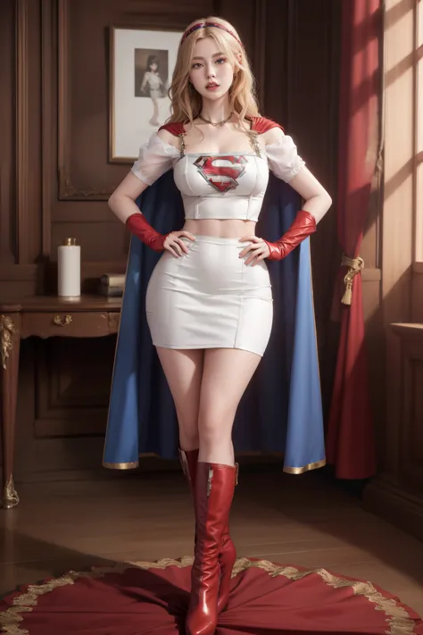 full body,sexy supergirl long blonde hair and blue eyes, black hairband, white croptop, short sleeves, red cape, blue pencil ski...