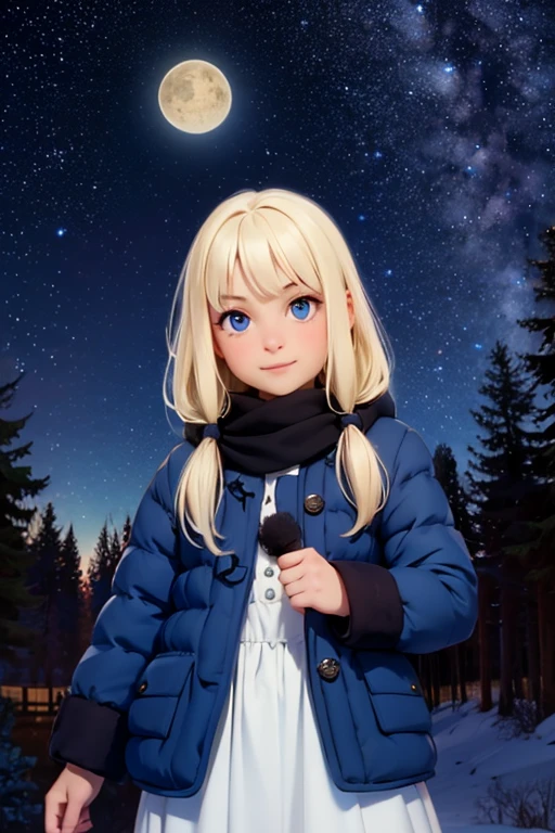 Very small young girl，Baby Face，low length，Hilly night sky. winter, winter colors, winter landscape, Starry Sky, Sky color Prussian blue Cobalt blue Purple Cyan. planet, Bright Star, Shooting Star, Tree tops moving in the wind, thre beautiful blonde girl in winter clothes observes the starry sky with a dreamy look.