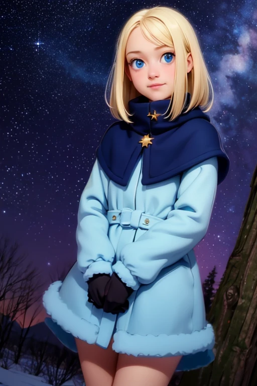 Very small young girl，Baby Face，low length，Hilly night sky. winter, winter colors, winter landscape, Starry Sky, Sky color Prussian blue Cobalt blue Purple Cyan. planet, Bright Star, Shooting Star, Tree tops moving in the wind, thre beautiful blonde girl in winter clothes observes the starry sky with a dreamy look.