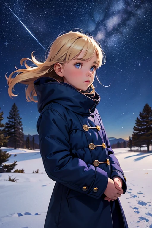 Very small young girl，Baby Face，low length，Hilly night sky. winter, winter colors, winter landscape, Starry Sky, Sky color Prussian blue Cobalt blue Purple Cyan. planet, Bright Star, Shooting Star, Tree tops moving in the wind, thre beautiful blonde girl in winter clothes observes the starry sky with a dreamy look.Girl&#39;s Temptation，