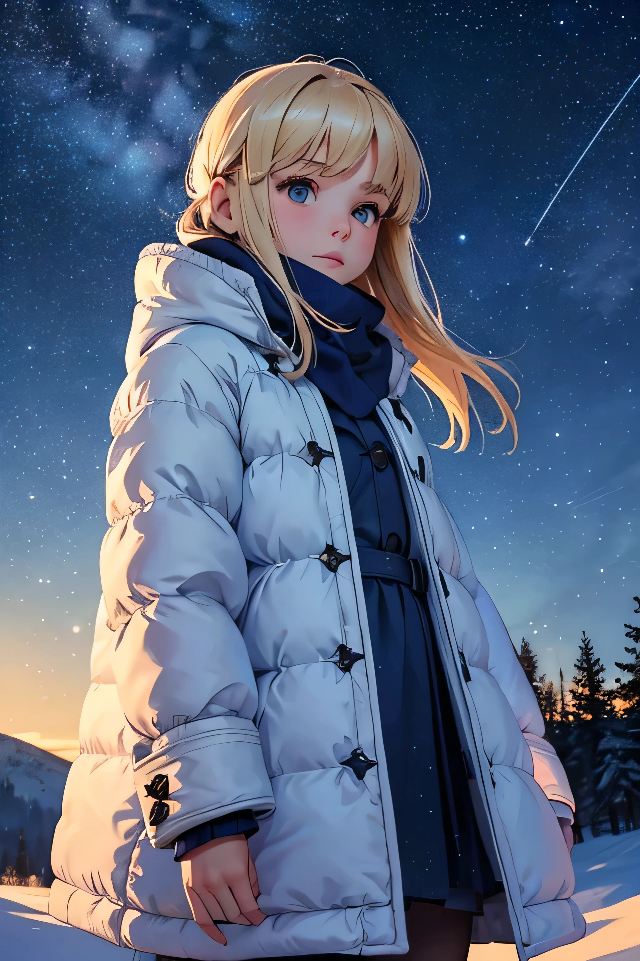 Very small young girl，Baby Face，low length，Hilly night sky. winter, winter colors, winter landscape, Starry Sky, Sky color Prussian blue Cobalt blue Purple Cyan. planet, Bright Star, Shooting Star, Tree tops moving in the wind, thre beautiful blonde girl in winter clothes observes the starry sky with a dreamy look.Girl&#39;s Temptation，