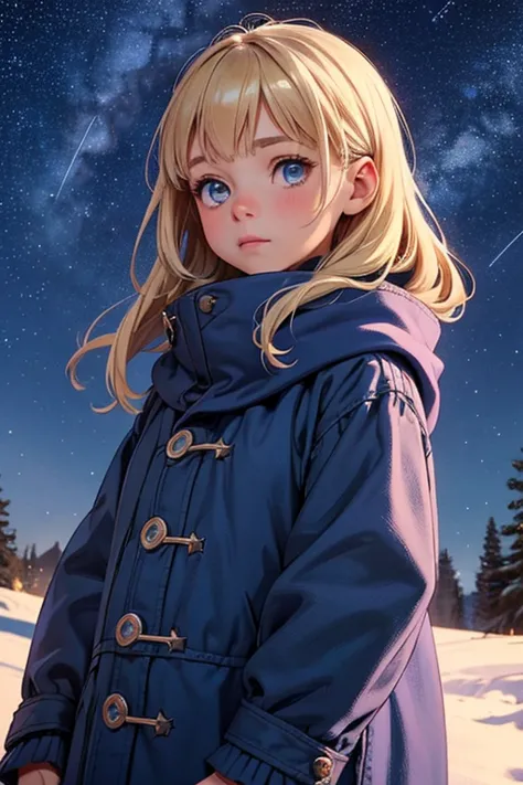 very small young girl，baby face，low length，hilly night sky. winter, winter colors, winter landscape, starry sky, sky color pruss...